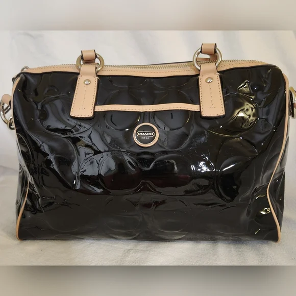 Coach Peyton Tan And Black Patent Leather Satchel with Quilted Design - Picture 2 of 11